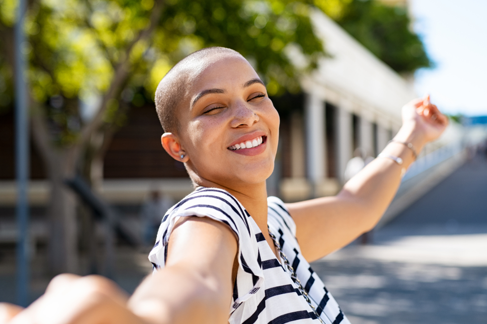 Cheerful,Young,Bald,Woman,Spreading,Arms,Feeling,Happy.,Smiling,Girl
